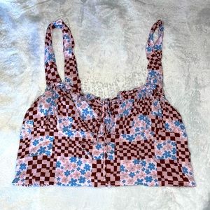 Pacsun tie-in-front crop top with checkered and flower patterns, only worn once